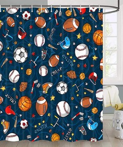 Sports Shower Curtain for Kids and Teens, featuring Basketball, Football, Baseball, and Hockey Stars for a Sporty Bathroom Decor
