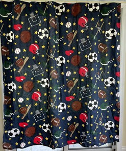 Sports Shower Curtain with Soccer Ball, Football, and Baseball Stars in Navy Blue for a Trendy Bathroom Decor
