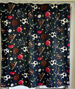 Sports Shower Curtain with Soccer Ball, Football, and Baseball Stars in Navy Blue for a Trendy Bathroom Decor