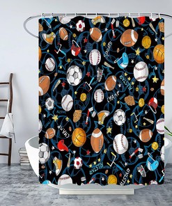 Sports Star Pattern Shower Curtain - Basketball Football Baseball Soccer Hockey Blue Bathroom Decor