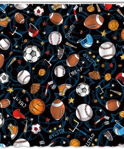 Sports Star Pattern Shower Curtain - Basketball Football Baseball Soccer Hockey Blue Bathroom Decor