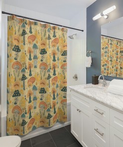 Spring Botanical Mushroom Shower Curtain - Cottagecore Bathroom Accessory - Colorful Shower Gift