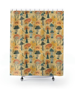 Spring Botanical Mushroom Shower Curtain - Cottagecore Bathroom Accessory - Colorful Shower Gift