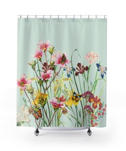 Spring Floral Garden Shower Curtain with Wildflowers and Butterflies - Waterproof Fabric