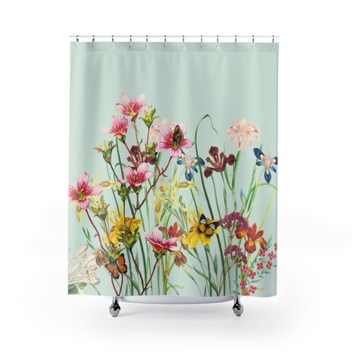Spring Floral Garden Shower Curtain with Wildflowers and Butterflies - Waterproof Fabric