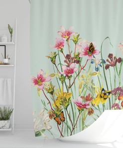 Spring Floral Garden Shower Curtain with Wildflowers and Butterflies - Waterproof Fabric