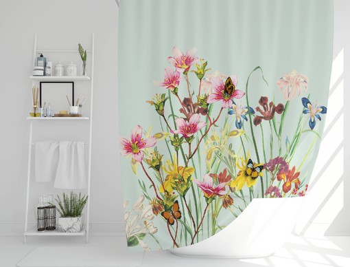 Spring Floral Garden Shower Curtain with Wildflowers and Butterflies - Waterproof Fabric
