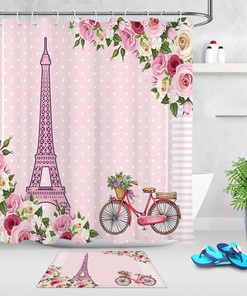 Spring Flowers and Famous Monuments Watercolor Shower Curtain, Eiffel Tower and Bicycle Illustration, Bathroom Decor