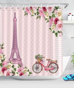 Spring Flowers and Famous Monuments Watercolor Shower Curtain, Eiffel Tower and Bicycle Illustration, Bathroom Decor