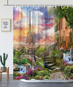Spring Scenery Shower Curtain - Eiffel Tower European Architecture - Green Plant Abstract Pattern - Colorful Flower Peacock Print
