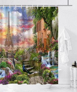 Spring Scenery Shower Curtain - Eiffel Tower European Architecture - Green Plant Abstract Pattern - Colorful Flower Peacock Print
