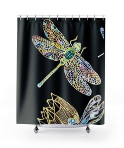 Stained Glass Dragonfly Shower Curtain, Waterproof Fabric Bathroom Curtain