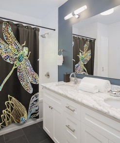 Stained Glass Dragonfly Shower Curtain with Nature Design