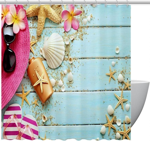 Starfish and Seashell Shower Curtain on Board for Home Decor