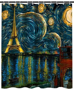 Starry Night Shower Curtain - Love Paris Fabric Bath Curtain - Van Gogh Art Shower Curtain - Blue Theme