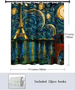 Starry Night Shower Curtain - Love Paris Fabric Bath Curtain - Van Gogh Art Shower Curtain - Blue Theme
