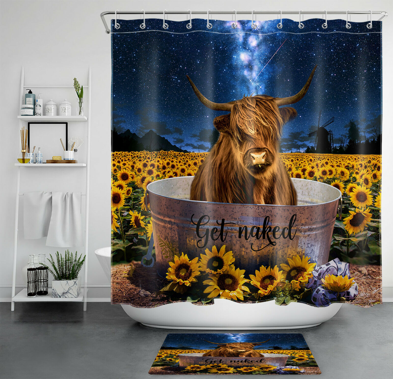 Starry Sky Cow Shower Curtain with Wild Animal Print - Unique Bathroom Accessories