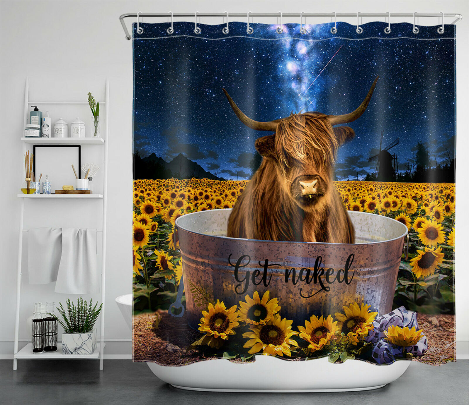 Starry Sky Cow Shower Curtain with Wild Animal Print - Unique Bathroom Accessories
