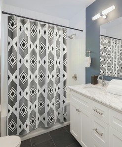 Striped Shower Curtain with Geometric Bath Decor - Bathroom Curtain