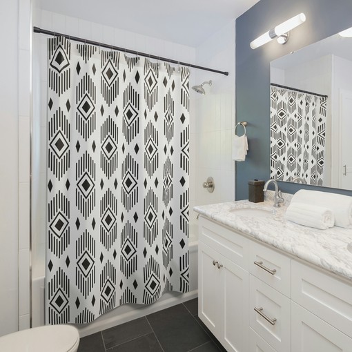 Striped Shower Curtain with Geometric Bath Decor - Bathroom Curtain