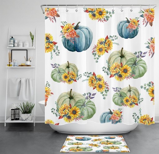 Stunning Plant Leaf Sunflower Pumpkin Shower Curtain for Bathroom Home Decor