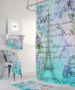 Stunning Watercolor Paris Shower Curtain with Optional Eiffel Tower Post Card and Dragonfly Floral 