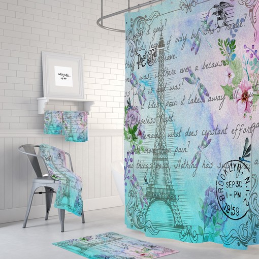 Stunning Watercolor Paris Shower Curtain with Optional Eiffel Tower Post Card and Dragonfly Floral