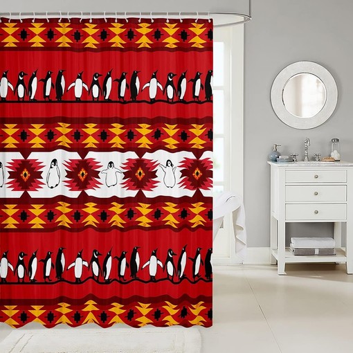 Stylish Penguin Shower Curtain with Tribal Geometry Design