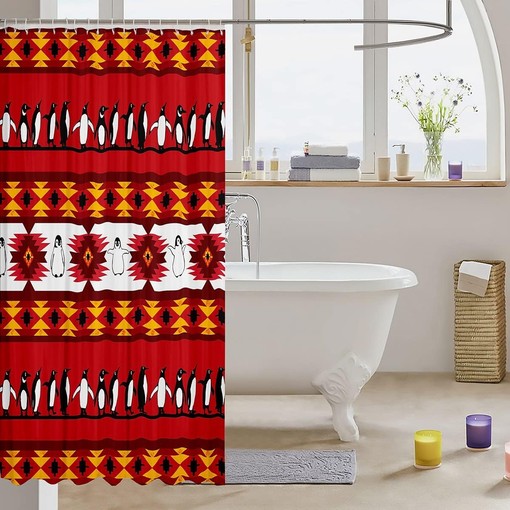 Stylish Penguin Shower Curtain with Tribal Geometry Design