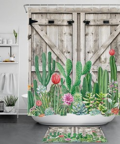 Succulent Plant and Floral Vintage Barn Door Shower Curtain for Bathroom Decor