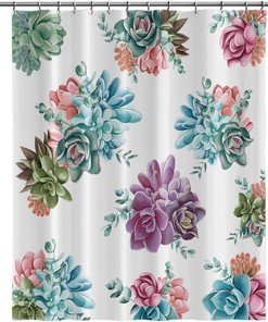 Succulents Shower Curtain - Watercolor Tropical Plant Floral Cactus Flower Blue Green Purple Pink Bathroom Bath Curtains