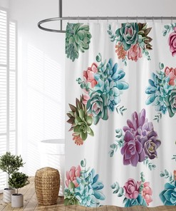 Succulents Shower Curtain - Watercolor Tropical Plant Floral Cactus Flower Blue Green Purple Pink Bathroom Bath Curtains