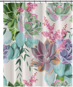 Succulents Tropical Botanical Watercolor Green Purple Pink Flower Fabric Shower Curtain - Bathroom Bath Curtains