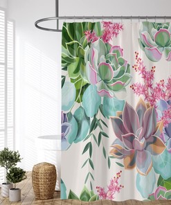Succulents Tropical Botanical Watercolor Green Purple Pink Flower Shower Curtain - Fabric Bathroom Bath Curtains