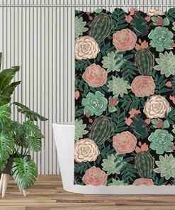 Succulents and Roses Fabric Shower Curtain - Rustic Bathroom Decor 