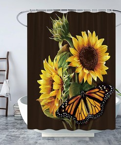 Sunflower Butterfly Shower Curtain - Gold Wild Floral Rustic Nature Scene Bath Decor
