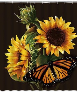 Sunflower Butterfly Shower Curtain - Gold Wild Floral Rustic Nature Scene Bath Decor