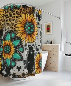 Sunflower Cheetah Shower Curtain - Sunflower Print on Fabric with Cheetah Animal for Bathroom Decor