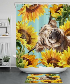 Sunflower Flower Highland Cow Watercolor Shower Curtain - Bathroom Decor