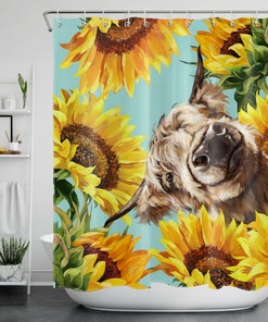 Sunflower Flower Highland Cow Watercolor Shower Curtain - Bathroom Decor