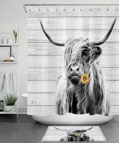 Sunflower Highland Cow Shower Curtain with Rustic Board Farmhouse Style for Bathroom Decor