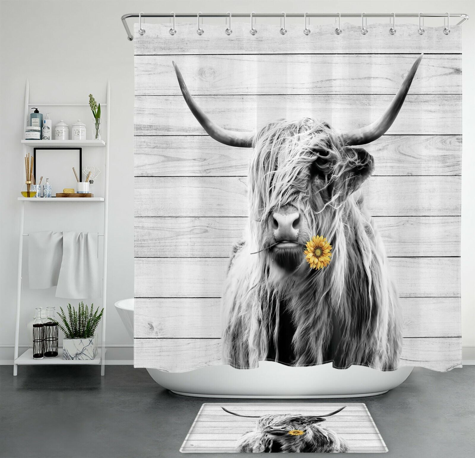 Sunflower Highland Cow Shower Curtain with Rustic Board Farmhouse Style for Bathroom Decor
