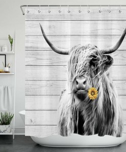Sunflower Highland Cow Shower Curtain with Rustic Board Farmhouse Style for Bathroom Decor