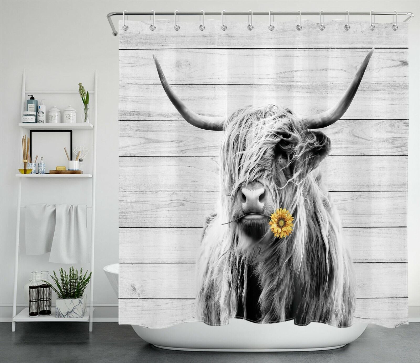 Sunflower Highland Cow Shower Curtain with Rustic Board Farmhouse Style for Bathroom Decor