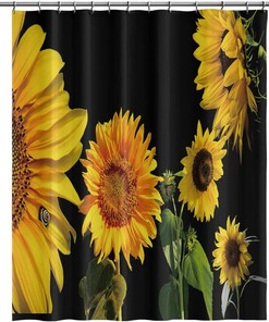 Sunflower Orange Yellow Flower Green Leaves Black Floral Plants Fabric Shower Curtain - Bathroom Bath Curtains