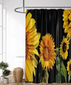 Sunflower Orange Yellow Flower Green Leaves Black Floral Plants Fabric Shower Curtain - Bathroom Bath Curtains