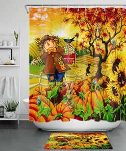 Sunflower Pumpkin Shower Curtain - Autumn Farm Scarecrow Bathroom Accessory
