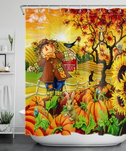 Sunflower Pumpkin Shower Curtain - Autumn Farm Scarecrow Bathroom Accessory