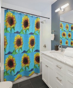 Sunflower Shower Curtain - Sunflower Print on Rustic Fabric for Warm Bathroom Decor