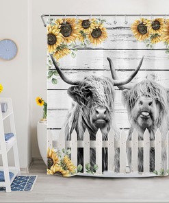 Sunflower Shower Curtain with Cow Print for a Country Bathroom